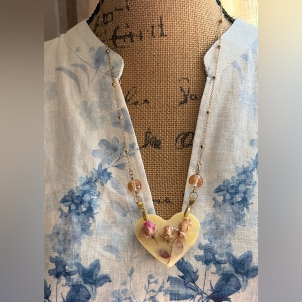 Gold Heart Pendant Necklace with Pressed Pink Flowers roses